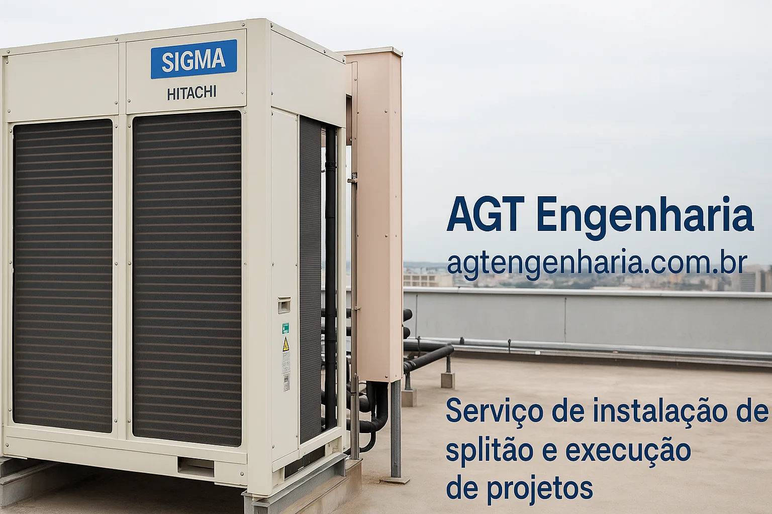 Imagem promocional da AGT Engenharia com foco em serviços de instalação e execução de projetos de climatização utilizando o sistema Splitão Hitachi, com o endereço do site.