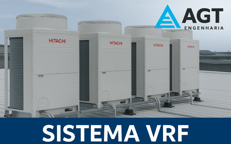Sistema VRF Hitachi com quatro condensadoras instaladas em telhado industrial pela AGT Engenharia